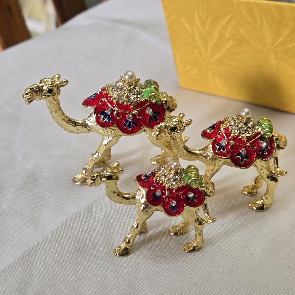 Gold Camel Figurines Mini Trinket Boxes Set Of 3 In Gift Box